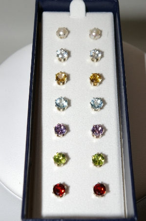 +MBA #78-089  Sterling Set Of 7 " Gemstone Stud Earrings" Boxed
