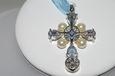 +MBA #78-234   Platinum Plated Sterling Pearl & Gemstone Cross With Ribbon