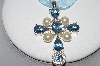 +MBA #78-234   Platinum Plated Sterling Pearl & Gemstone Cross With Ribbon