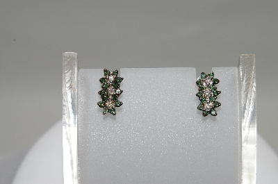 +MBA #78-013  14K White Gold 3 Flower Green & White Diamond Earrings