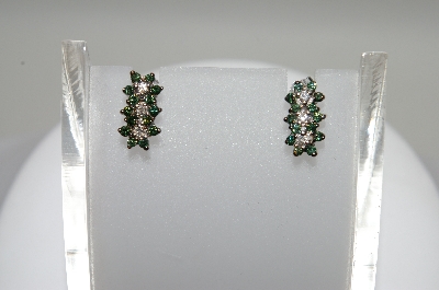 +MBA #78-013  14K White Gold 3 Flower Green & White Diamond Earrings