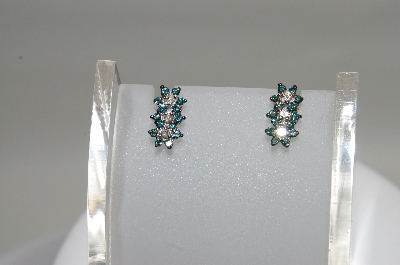 +MBA #78-019  14K White Gold 3 Flower Blue & White Diamond Earrings