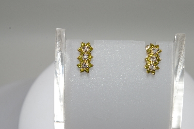+MBA #78-016     14K Yellow Gold 3 Flower Yellow & White Diamond Earrings