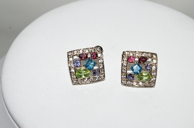 +MBA #78-265   Platinum Plated Sterling Square Multi Gemstone Earrings