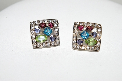+MBA #78-265   Platinum Plated Sterling Square Multi Gemstone Earrings