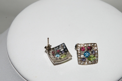 +MBA #78-265   Platinum Plated Sterling Square Multi Gemstone Earrings