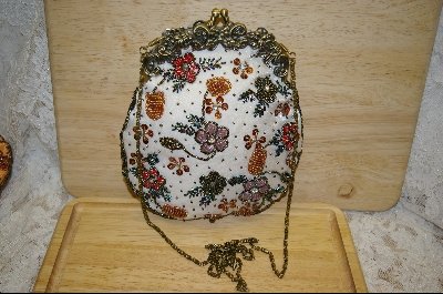 +MBA #SW-1    "1980's Antique Look White Satin Hand Beaded Purse