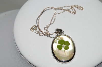 +MBA #78-058   Sterling Mother Of Pearl Glass Incased 4 Leaf Colver Pendant With 18" Chain