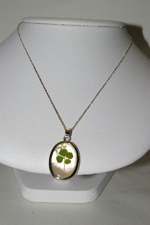 +MBA #78-058   Sterling Mother Of Pearl Glass Incased 4 Leaf Colver Pendant With 18" Chain