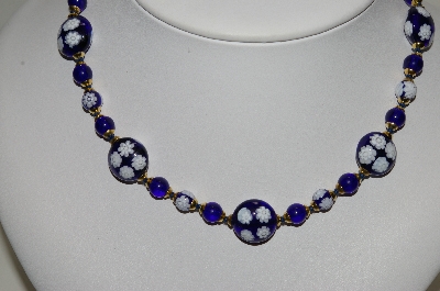 +MBA #78-154   14K Gold Plated Italian Blue Floral Murano Glass Bead Necklace"