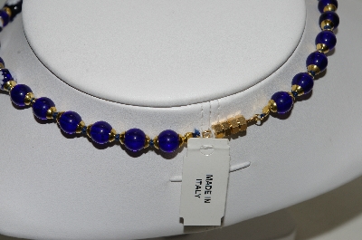 +MBA #78-154   14K Gold Plated Italian Blue Floral Murano Glass Bead Necklace"
