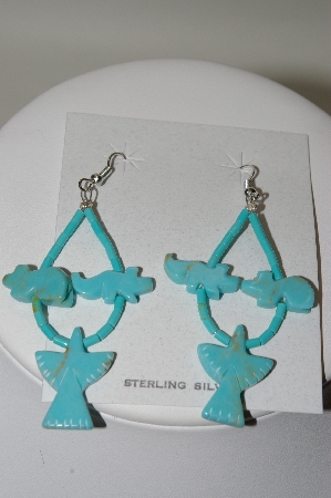 +MBA #78-191   Sterling Hand Carved Animal Bead Blue Turquoise Earrings
