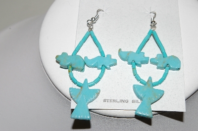 +MBA #78-191   Sterling Hand Carved Animal Bead Blue Turquoise Earrings