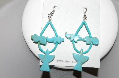 +MBA #78-191   Sterling Hand Carved Animal Bead Blue Turquoise Earrings