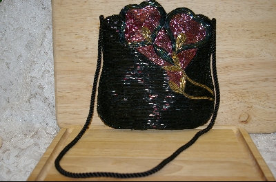 +MBA #HBBFP    "1980's Hand Beaded Black Floral Purse