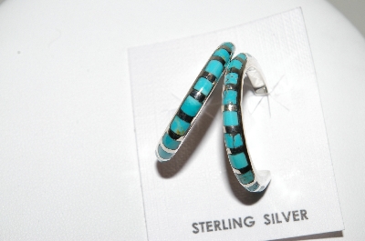 +MBA #78-184  Sterling Handmade Blue Turquoise Inlay Hoop Earrings