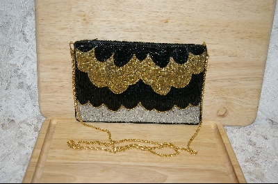 +MBA #SBHG    "1980's Hand Beaded Black, Silver & Gold Clutch Style Purse