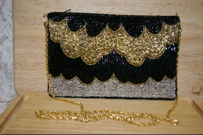 +MBA #SBHG    "1980's Hand Beaded Black, Silver & Gold Clutch Style Purse