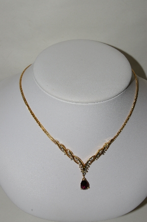 +MBA #79-004  14k Yellow Gold One Of A Kind Pear Cut Pink Tourmaline & Diamond Necklace