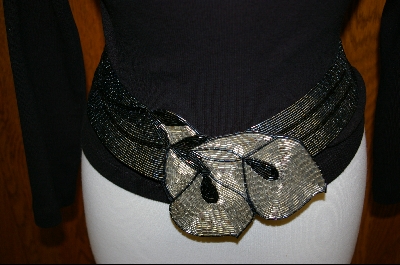 +MBA #HBSMB   "1980's Hand Beaded Matalic Grey Floral Belt
