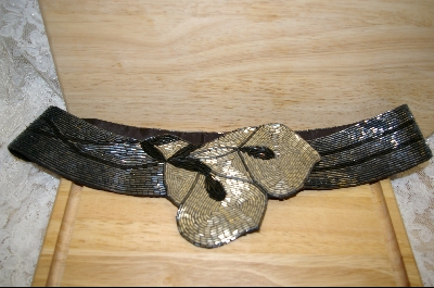 +MBA #HBSMB   "1980's Hand Beaded Matalic Grey Floral Belt