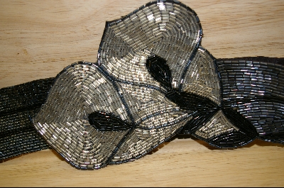 +MBA #HBSMB   "1980's Hand Beaded Matalic Grey Floral Belt
