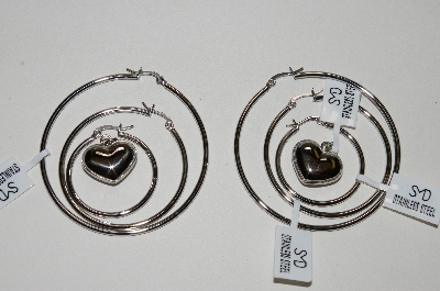 +MBA #80-152  Set Of 3 Stainless Steel Hoop Earrings & Puffed Heart Charm Set