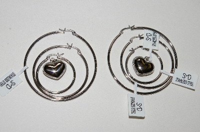 +MBA #80-152  Set Of 3 Stainless Steel Hoop Earrings & Puffed Heart Charm Set