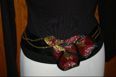 +MBA #HBBR-1   "1980's Hand Beaded Black & Red Floral Belt