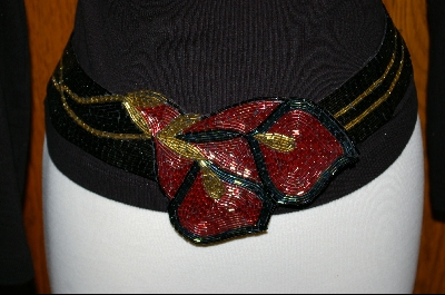 +MBA #HBBR-1   "1980's Hand Beaded Black & Red Floral Belt
