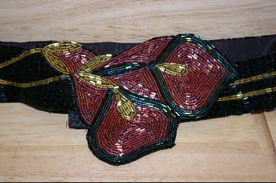 +MBA #HBBR-1   "1980's Hand Beaded Black & Red Floral Belt