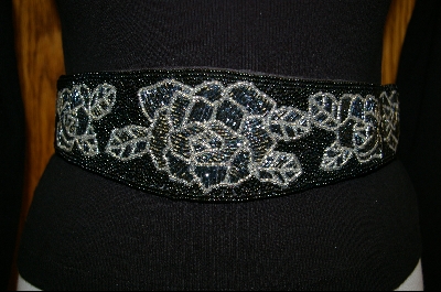 +MBA #BCM-1   " 1980's Black, Silver & Metalic Grey "Nordstrom" Rose Hand Beaded Belt