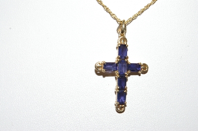 +MBA #81-267  14k Yellow Gold Purple Iolite Square Cut Gemstone Cross Pendant With 18" Chain