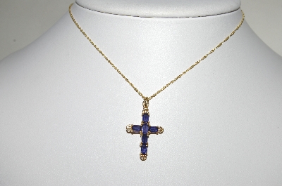 +MBA #81-267  14k Yellow Gold Purple Iolite Square Cut Gemstone Cross Pendant With 18" Chain