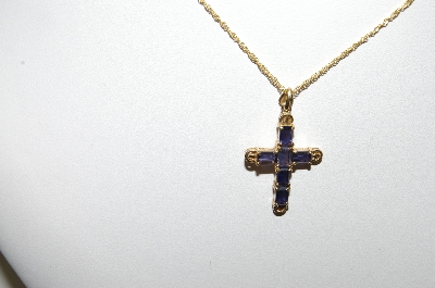 +MBA #81-267  14k Yellow Gold Purple Iolite Square Cut Gemstone Cross Pendant With 18" Chain