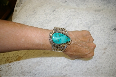 +   "Artist "J. Linkin" Signed Blue Turquoise Pear Shaped Cuff Bracelet
