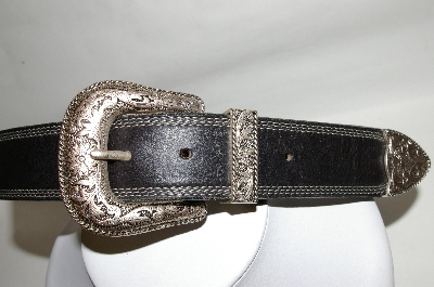 +MBA #81-119   "Made In The USA Black Leather Belt With Silvertone Buckle & Tip