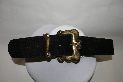 +MBA #81-111  "Made In The USA Black Suede Belt With Antiqued Brass Buckle