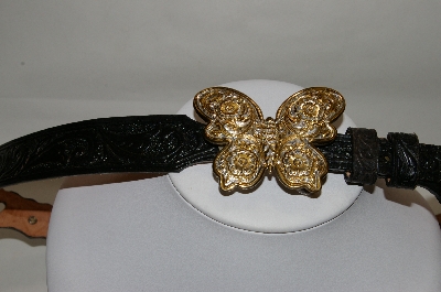 +MBA #81-075  "Silver Creek Collection Black Leather Hand Tooled Belt With Butterfly Buckle