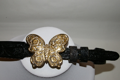 +MBA #81-075  "Silver Creek Collection Black Leather Hand Tooled Belt With Butterfly Buckle