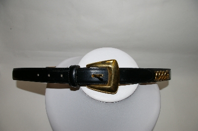+MBA #81-066  "Black Leather Belt With Gold Tone Buckle & Trim