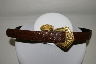 +MBA #81-033  "Made In The USA Brown Snake Skin Look Belt With Gold Plated Buckle & Trim