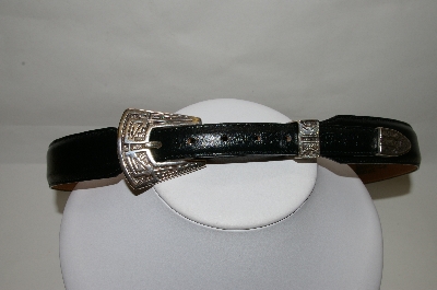 +MBA #82-111  "Justin 1993 Black Leather Belt With 3 Piece Silver Plated Buckle Set