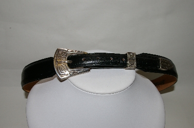 +MBA #82-111  "Justin 1993 Black Leather Belt With 3 Piece Silver Plated Buckle Set