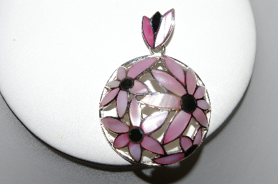 +MBA #84-131  Sterling Pink & Black Shell Hand Inlayed Floral Pendant