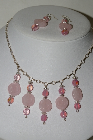 +MBA #84-078   Sterling Rose Quartz & Pink AB Crystal Necklace & Earring Set