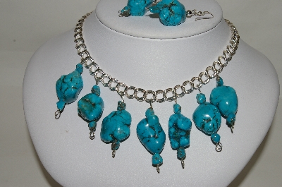 +MBA #84-097   Sterling Large Blue Turquoise Nuggett Necklace & Earring Set