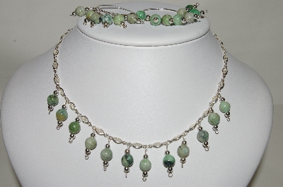 +MBA #84-199  Sterling Moss Agate Necklace & Hoop Earring Set