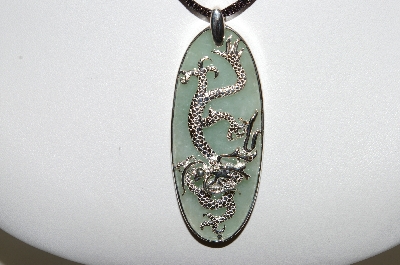 +MBA #85  Sterling Green Jade Dragon Pendant With Silk Cord
