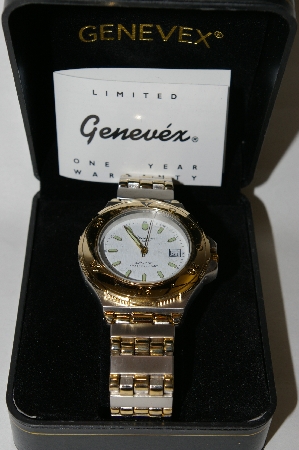+MBA #85-089  Genevex Men's "White Face" Stainless Steel & Gold Tone Watch